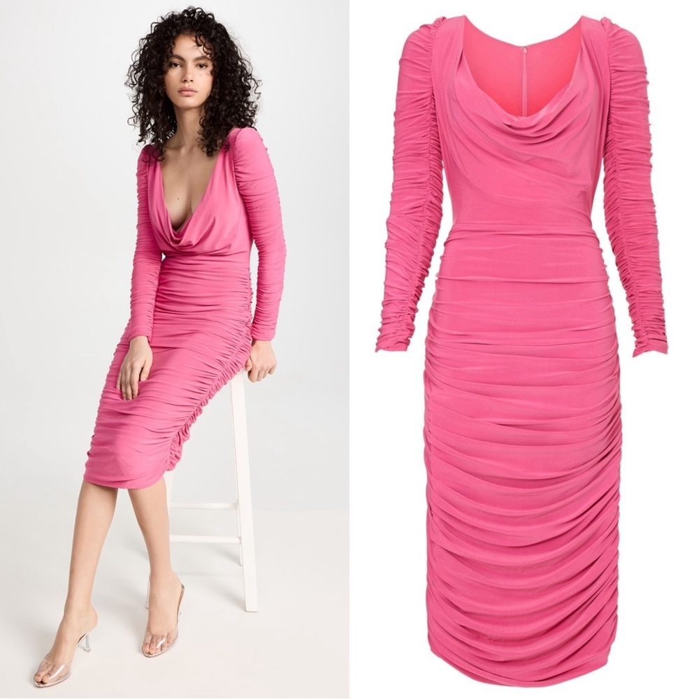 Aliette Ruched Cowl Neck Bodycon Midi Dress Size 8 Barbie Pink